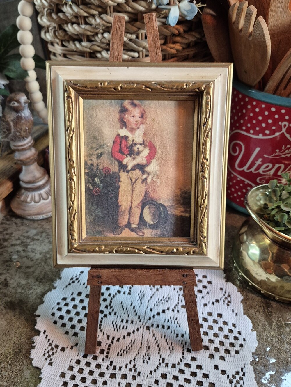 Vtg. Framed “Master Simpson” Arthur Devis Colonial-Style Portrait Print W/Stand